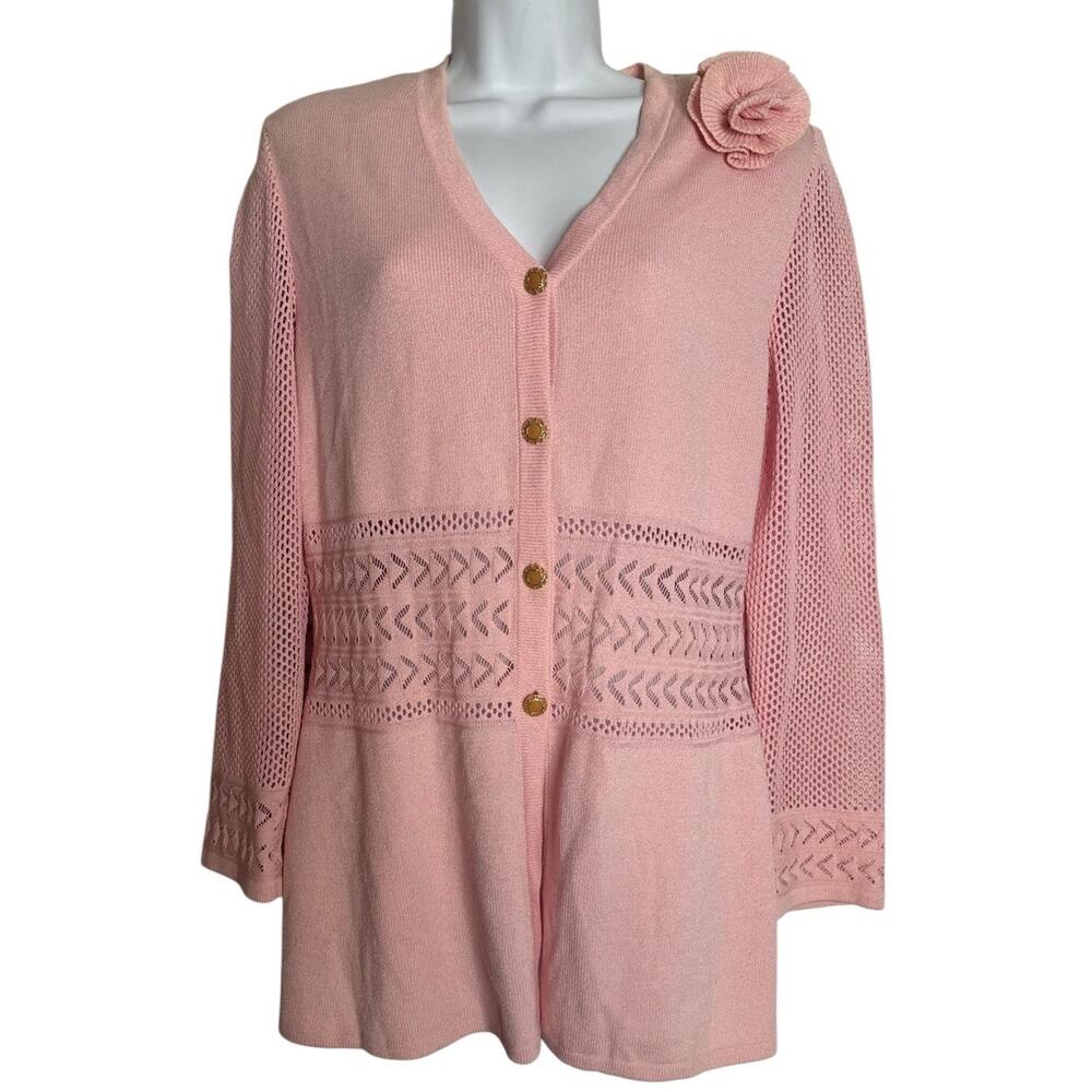 Vtg St John Collection Santana Knit Open Weave Panel Rosette Light Pink Jacket 6
